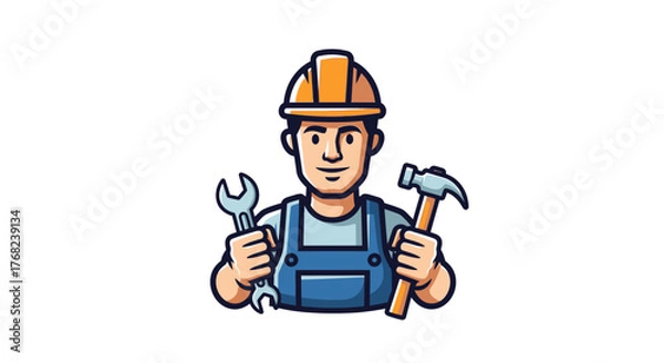 Fototapeta Cartoon construction worker with wrench and hammer, ready for service and repair task
