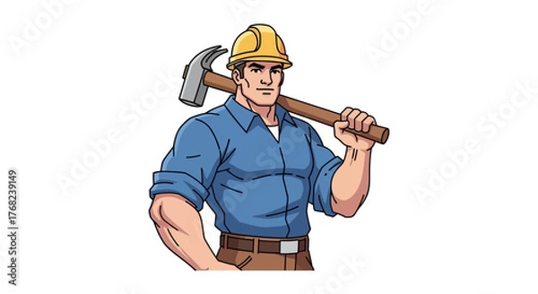 Fototapeta Illustrative construction worker character holding hammer wearing safety helmet ready to work