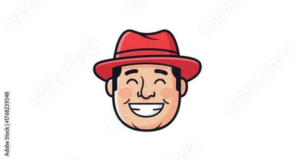 Fototapeta Cartoon man with red fedora and wide, joyous smile radiating cheerfulness and warmth