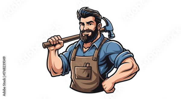Fototapeta Bearded craftsman with hammer embodies skill precision and dedication to woodworking projects