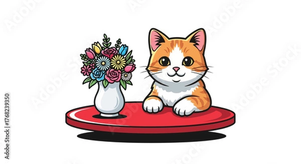 Fototapeta Adorable cartoon cat next to a colorful bouquet illustration on a red table