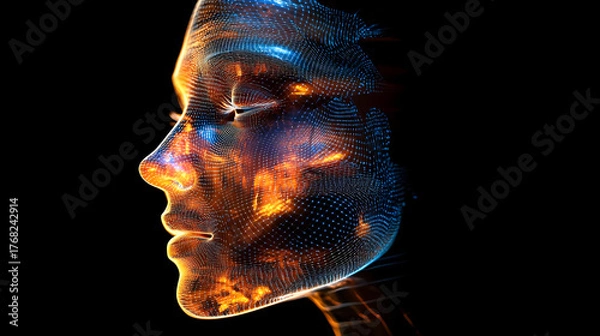 Obraz Abstract 3D Wireframe Face Mesh, Glowing Energy