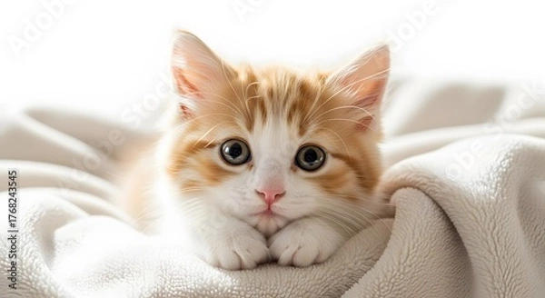 Fototapeta Portrait of a fluffy red kitten lying on a blanket with a white background