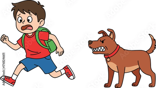 Obraz Scared boy running away from angry dog, cartoon danger situation illustration for safety awareness, child protection and animal behavior concept artwork