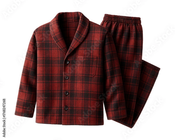 Fototapeta Red and black plaid flannel pajama set with shawl collar and elastic waist pants.