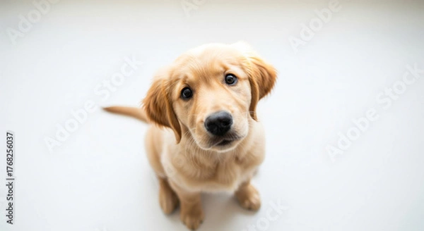 Fototapeta Close-Up High Angle of Sweet Golden Retriever Puppy Sitting and Looking Up with Head Tilted