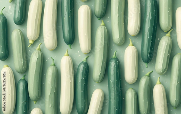 Fototapeta A close-up, overhead view of a vibrant collection of fresh cucumbers, showcasing a variety of green and pale hues
