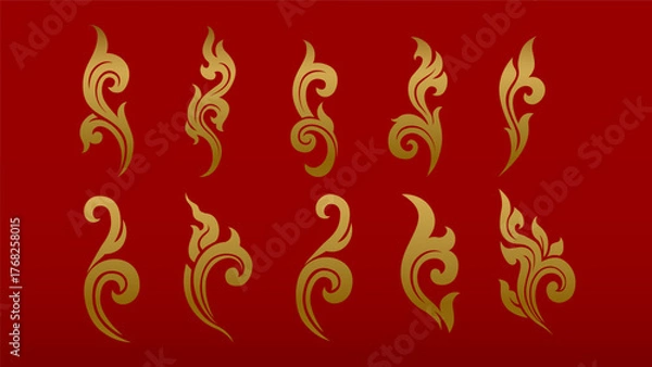 Fototapeta Golden Thai Kranok Illustration Elements Collection for Traditional Ornament, Tattoo, and Decorative Design Projects