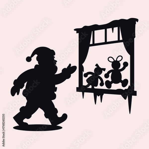 Fototapeta Silhouette of Santa Claus reaching towards toys in a window with icicles teddy bear