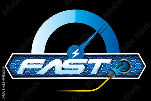 Fototapeta Design logo concept Fast with Power cable pump plug in charging power to electric vehicle EV car.