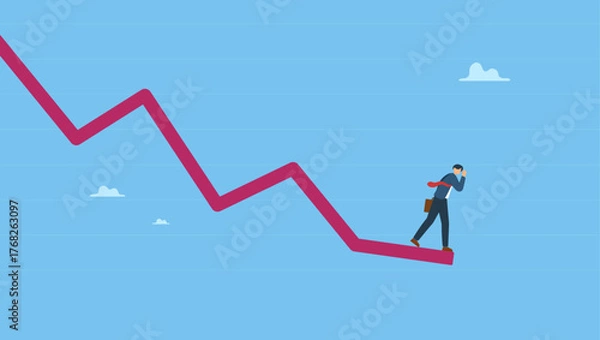 Fototapeta Businessman investor standing on falling down red graph look for bottom. Economic recession, stock market plunge or falling down, cryptocurrency crash or financial crisis from inflation.