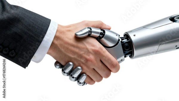Obraz Human and Robot Handshake Symbolizing Future Collaboration and Artificial Intelligence.