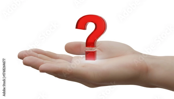 Fototapeta Hand holding a red question mark symbol in the palm.