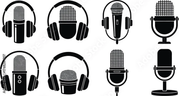 Fototapeta Podcast microphone vector set audio equipment studio recording icon