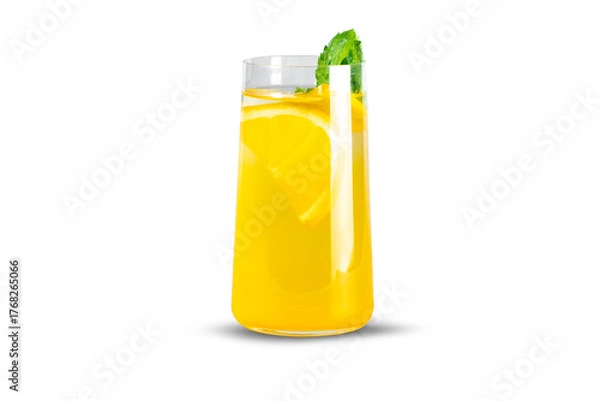 Fototapeta Cold lemon drink isolated on a transparent background. Natural and organic lemonade, rich in vitamins.