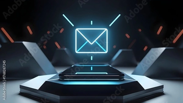 Fototapeta Glowing Blue Email Icon Above Futuristic Pedestal in Dark High-Tech Environment with Neon Light Streaks