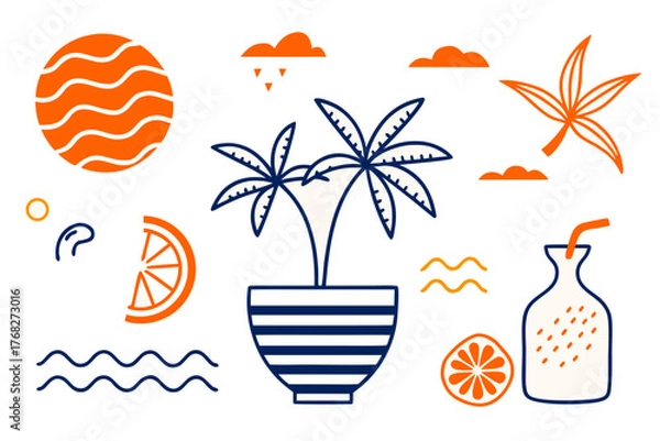 Fototapeta Colorful summer vacation themed illustration with palm trees and fruits
