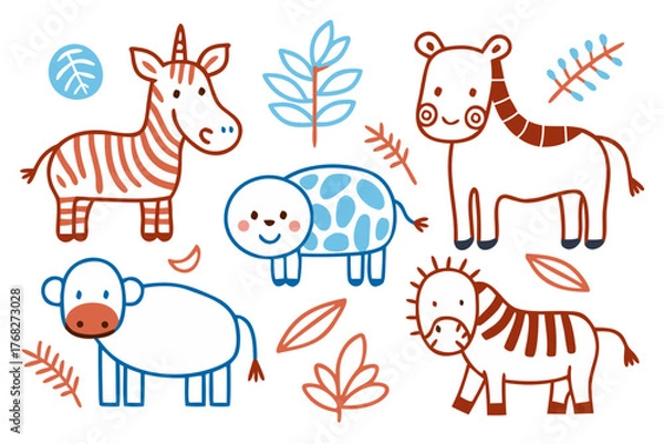 Fototapeta Cute cartoon animal set in simple line art style vector design