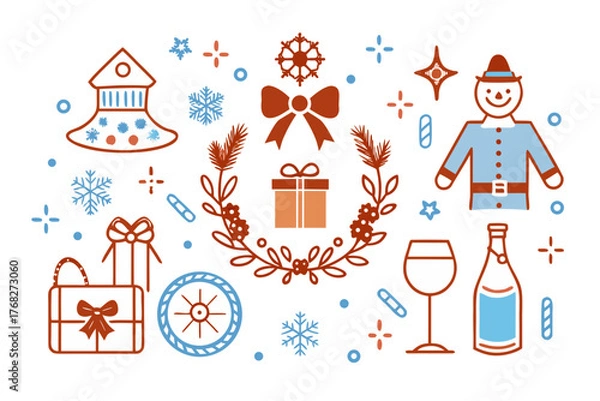 Fototapeta Festive Holiday Christmas Decoration Elements with Christmas tree gifts and snowflakes