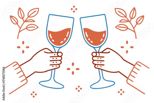 Fototapeta Festive toast with wine glasses in hand drawn style celebration