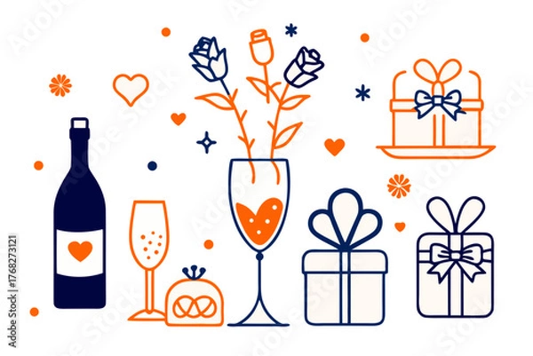 Fototapeta Romantic Celebration Illustration with Roses Gifts and Sparkling Drinks for Special Occasions