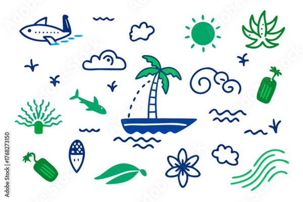Fototapeta Tropical Vacation Doodle Seamless Pattern with Ocean and Palm Tree