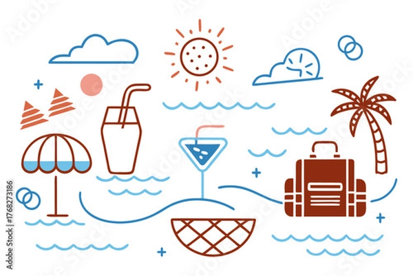 Fototapeta Whimsical Summer Vacation Graphic with Palm Tree and Refreshing Drinks