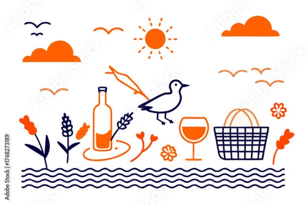 Fototapeta Whimsical picnic scene with bird wine sun and patterned water