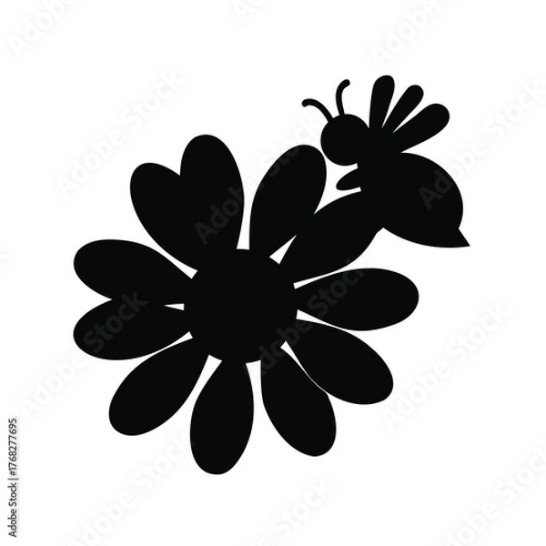 Fototapeta Silhouette of a bee visiting a flower with rounded petals, simple style