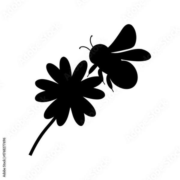Fototapeta Monochrome silhouette of a bee visiting a flower for nectar collection