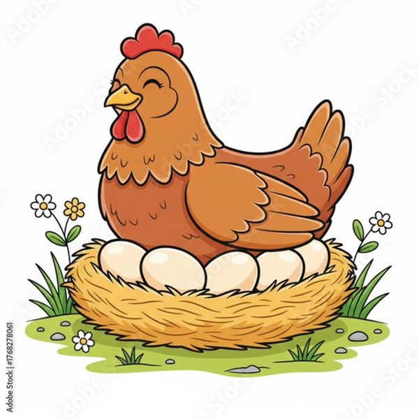 Obraz a hen laying and incubating 5 eggs