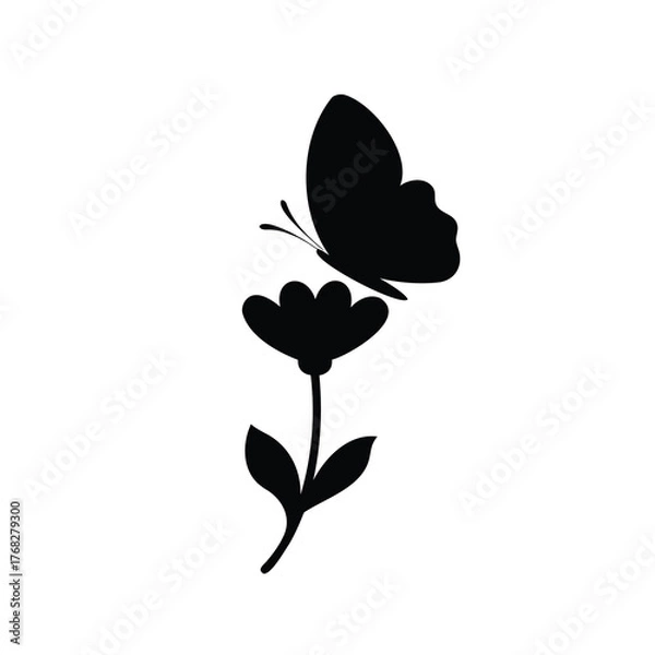Fototapeta Stylized silhouette of butterfly perched gracefully on a simple flower design