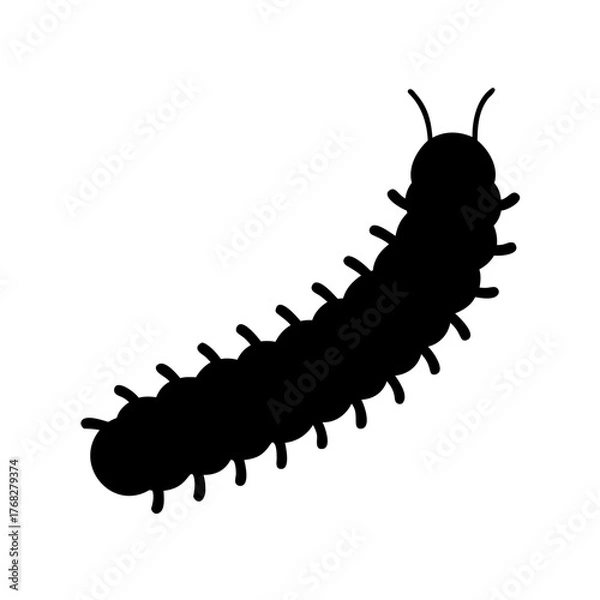 Fototapeta Black silhouette of a segmented caterpillar crawling on a white background