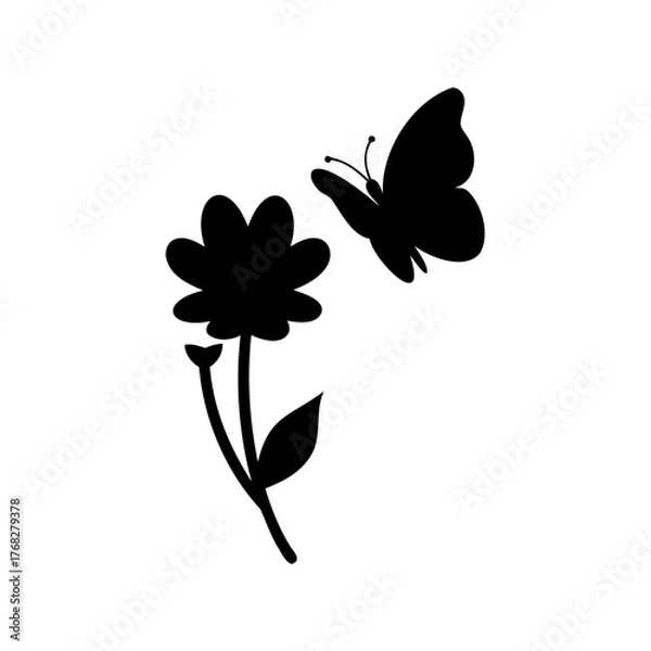 Fototapeta Black silhouette of a butterfly flying towards a flower with stem and leaf