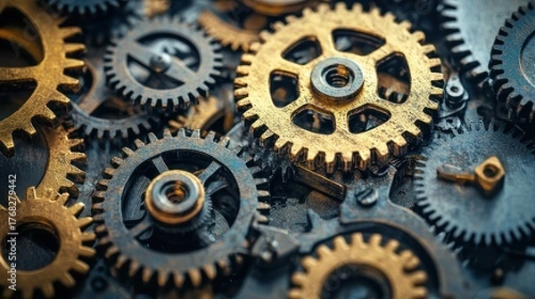 Fototapeta A collection of old, rusty gears and cogs on a dark, textured surface.