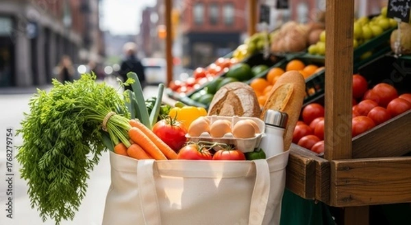 Fototapeta Fresh vegetables and eggs in reusable bag at outdoor market  