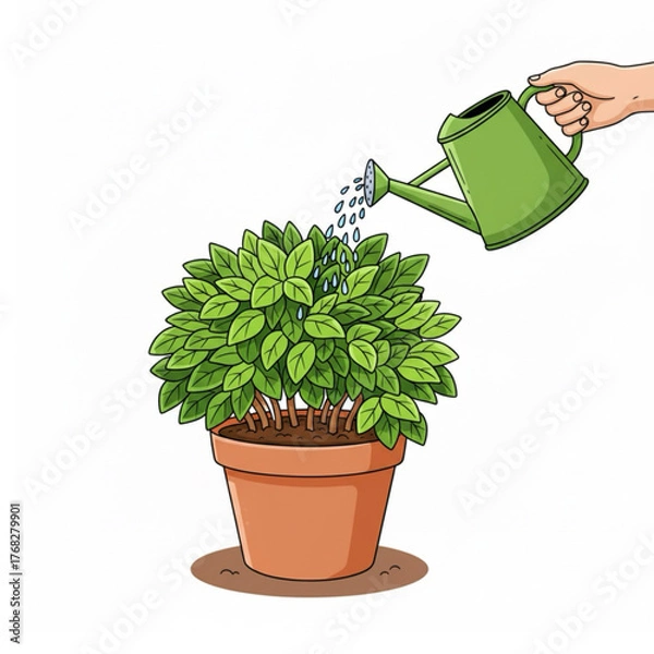 Obraz Watering plants in pots at home in the picture illustration.