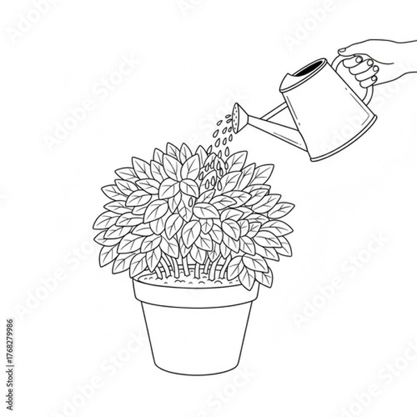 Obraz Watering plants in pots at home in the picture illustration.