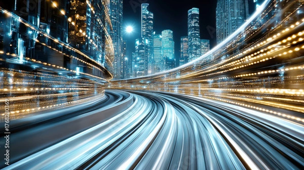 Fototapeta Dynamic cityscape with glowing lights and curved transport tracks at night