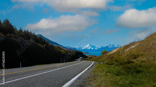 Fototapeta  The landscape New Zealand Road Trip View of the Southern Alps road highway with  mountain landscape view background 