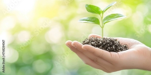 Fototapeta A hand supports a small green plant growing in soil, symbolizing growth, care, and environmental awareness amidst a soft, blurred background.