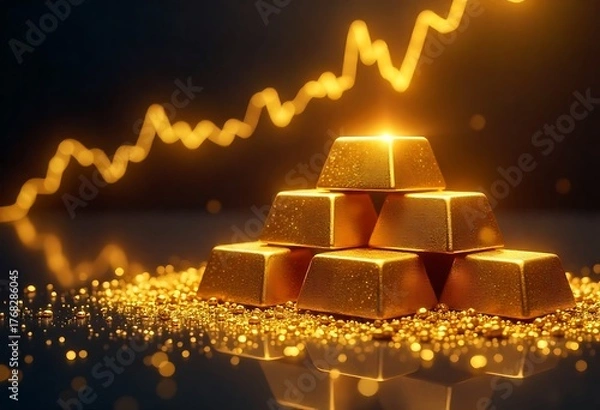Fototapeta Golden bar stack on glittering background symbolizing wealth, investment, and financial growth. Ideal for economy, banking, profit, trade, and business success concept illustrations.