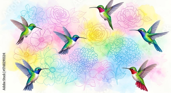 Obraz Hummingbird flies in tropical paradise with waterfall