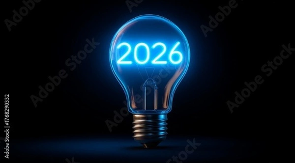 Fototapeta Bright idea symbolizing innovations and changes in the year 2026 with glowing light bulb design
