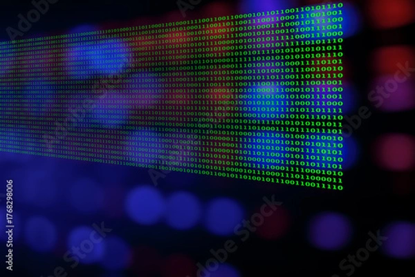 Fototapeta Group of green binary number system on blurred soft bokeh from LED lighting. Background for digital data transformation or Sci-Fi mystery concept.