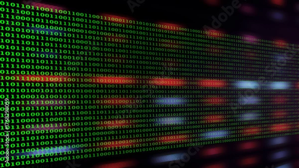 Fototapeta Group of green binary number system on blurred soft bokeh from LED lighting. Background for digital data transformation or Sci-Fi mystery concept. Copy space on 16:9 format.