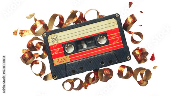 Obraz Retro cassette tape with unraveled ribbon on black background