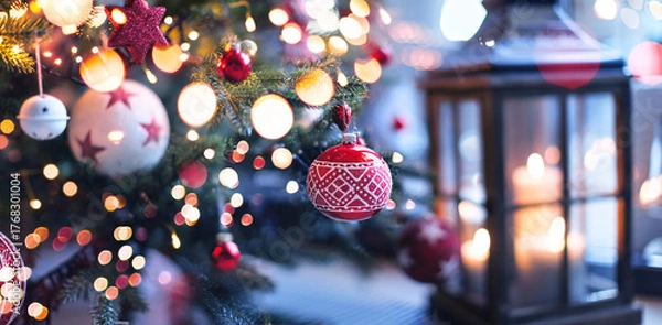 Fototapeta Christmas Tree with Illuminated Lights and Candlestick. Evening Light