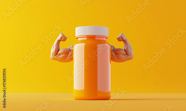 Obraz Boost your strength vitamin supplement bottle with muscular arms bright orange background 3d render vibrant concept