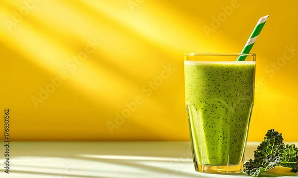 Obraz Refreshing kale green smoothie recipe kitchen beverage bright yellow background close-up view healthy lifestyle